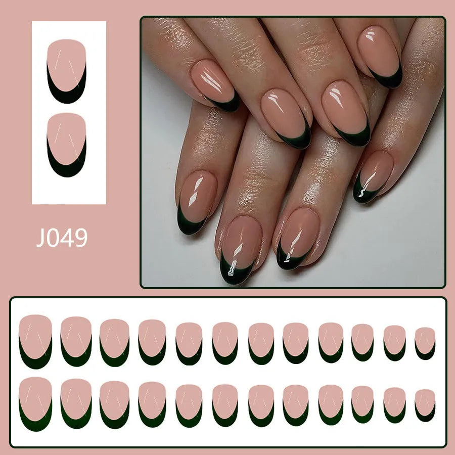 24 black French style artificial nails with almond shaping in J049 colour