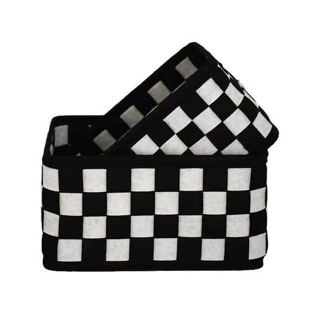 Checkerboard patterned grey felt folding storage basket with dimensions 37cm by 29cm.