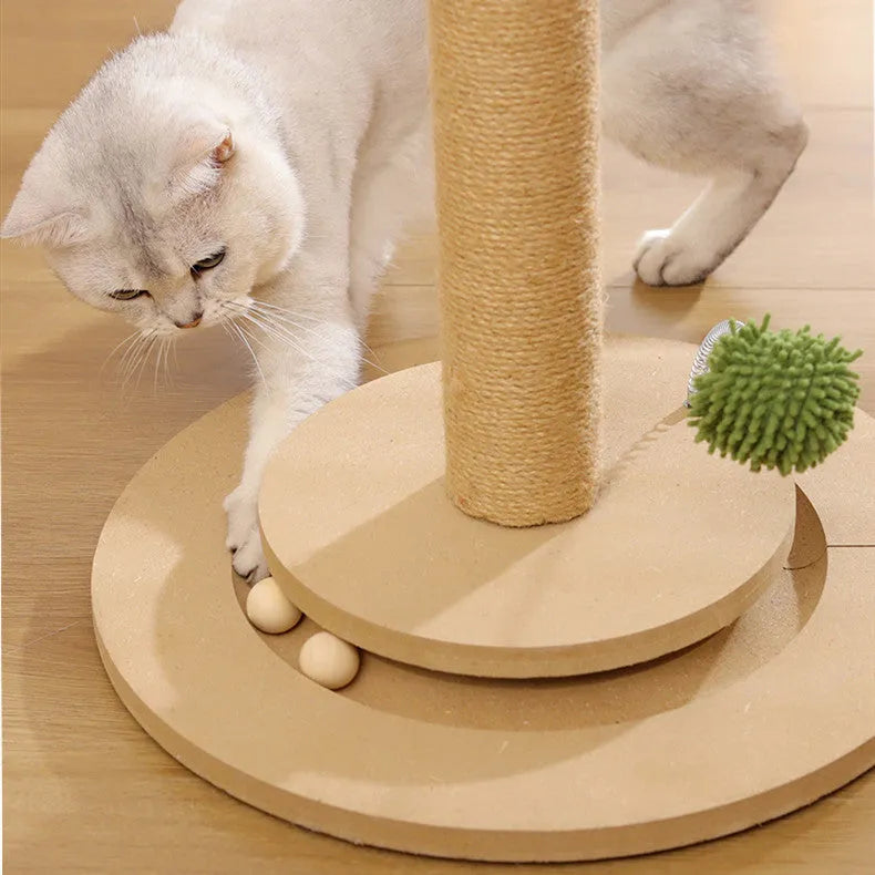 Vertical cat climbing frame with hemp rope scratching post and a square platform, in a natural canna colour.