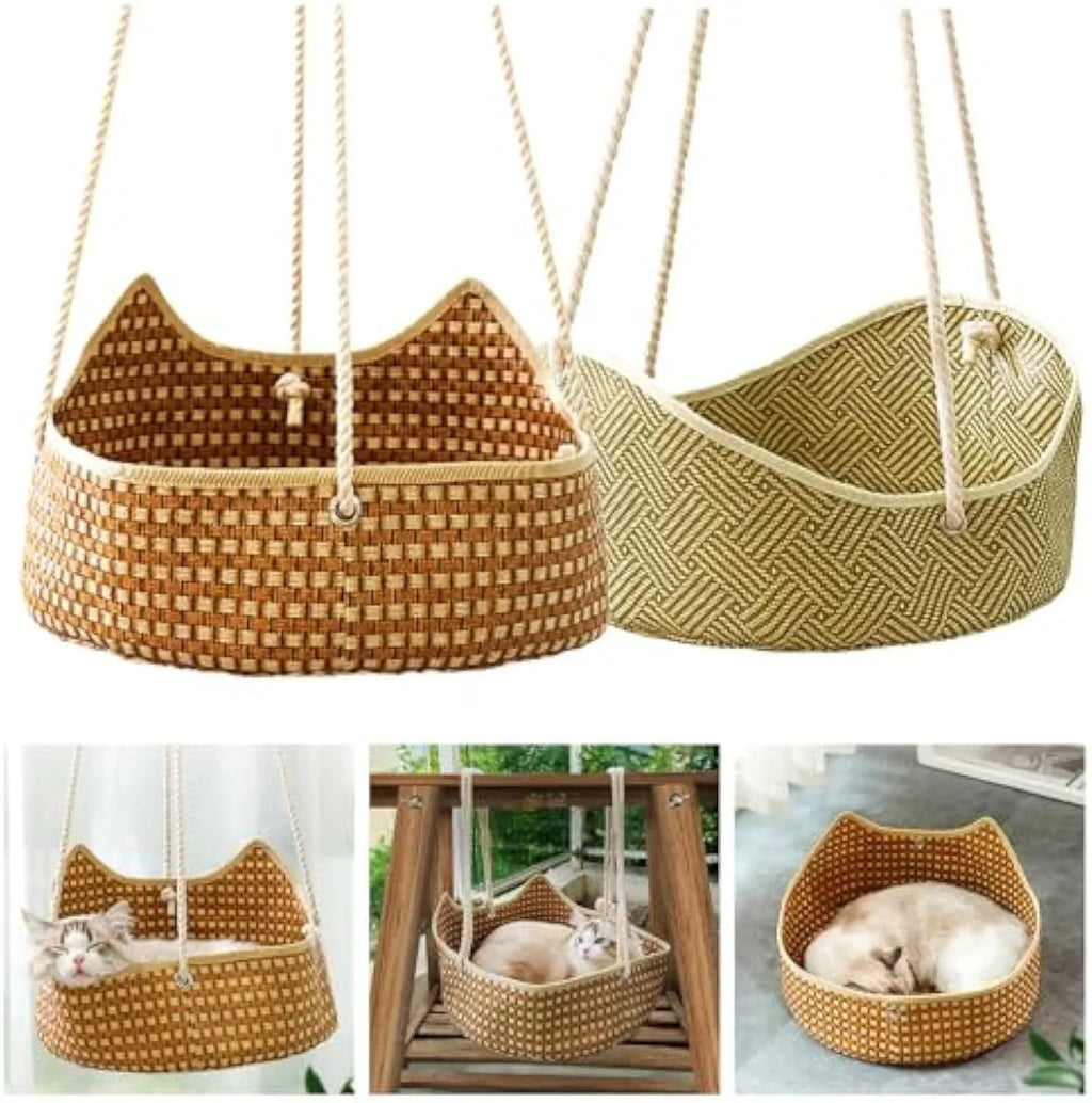 Green rattan cat hammock with metal hooks hanging from a shelf