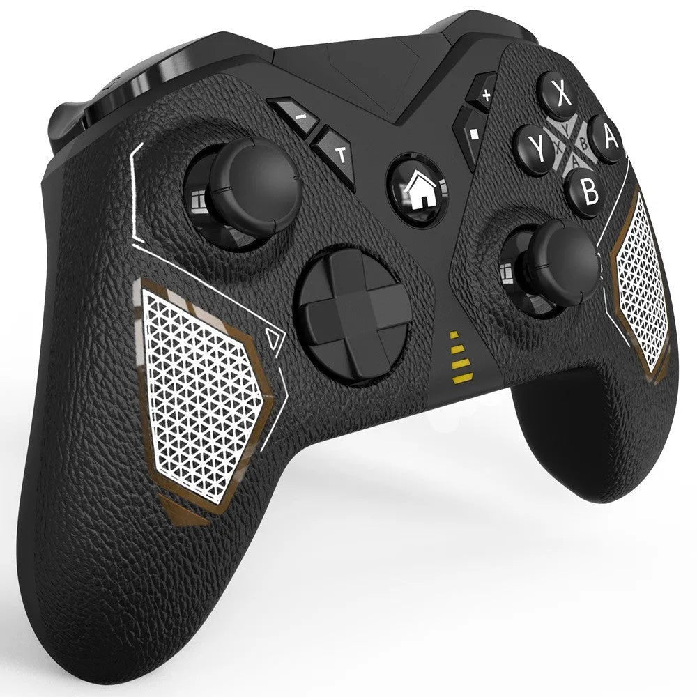 Black wireless game controller with leather-pattern texture on grips, shown front view.
