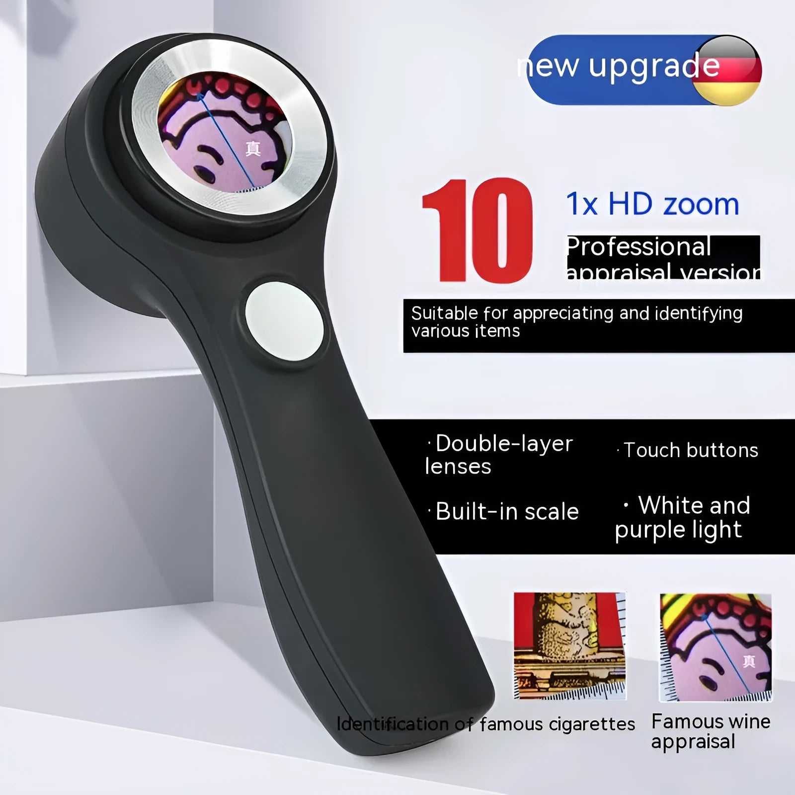 Black or silver rechargeable magnifying glass with optical glass lens and USB-C cable for appraisal work.