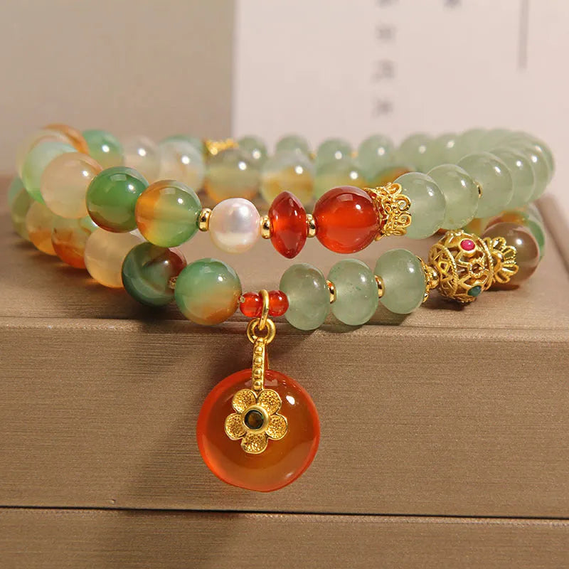 Peacock green agate double ring bracelet for women with alloy safety buckle and rhinestone decoration