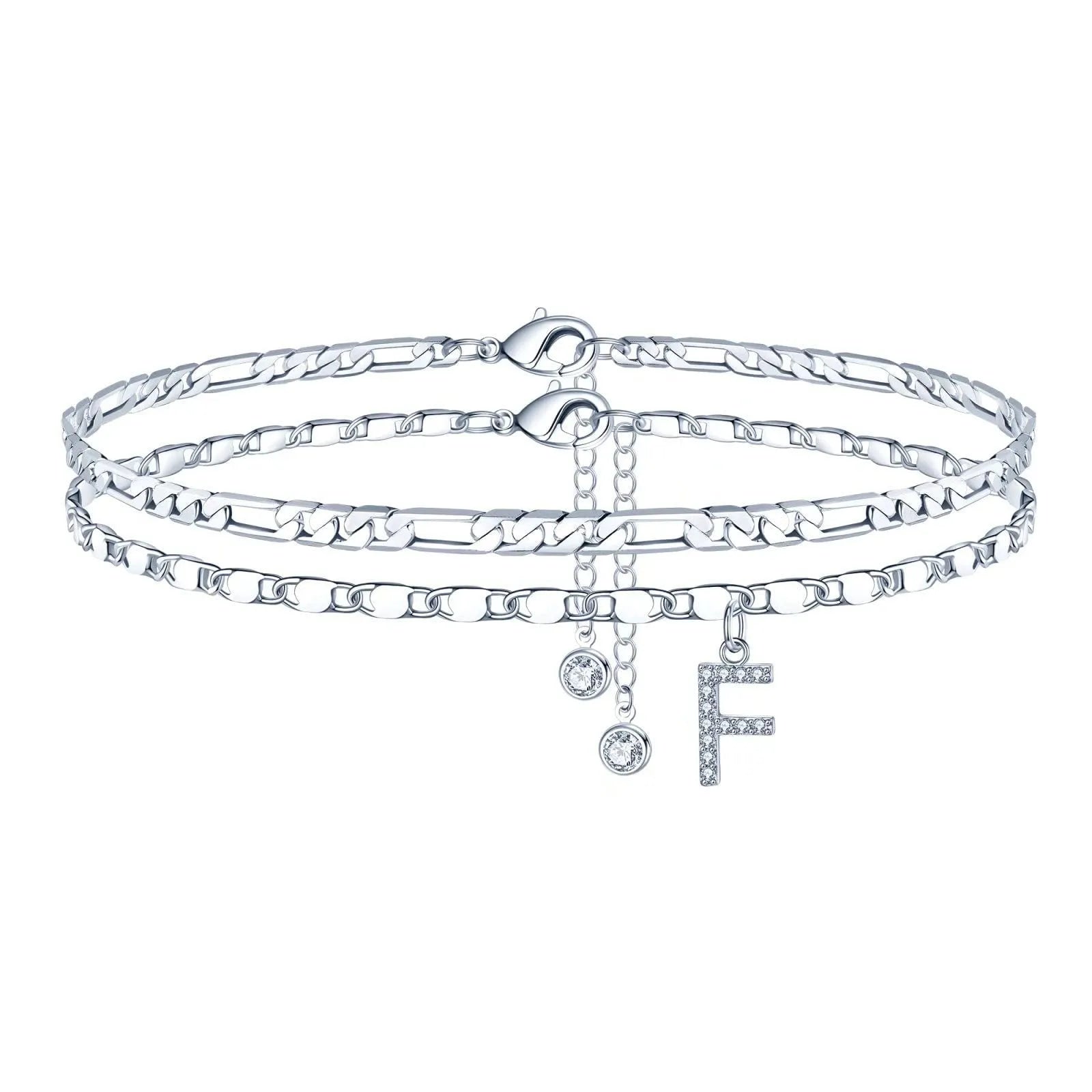 Copper double-circle bead anklet with silver colour finish showing customisable letter styling options