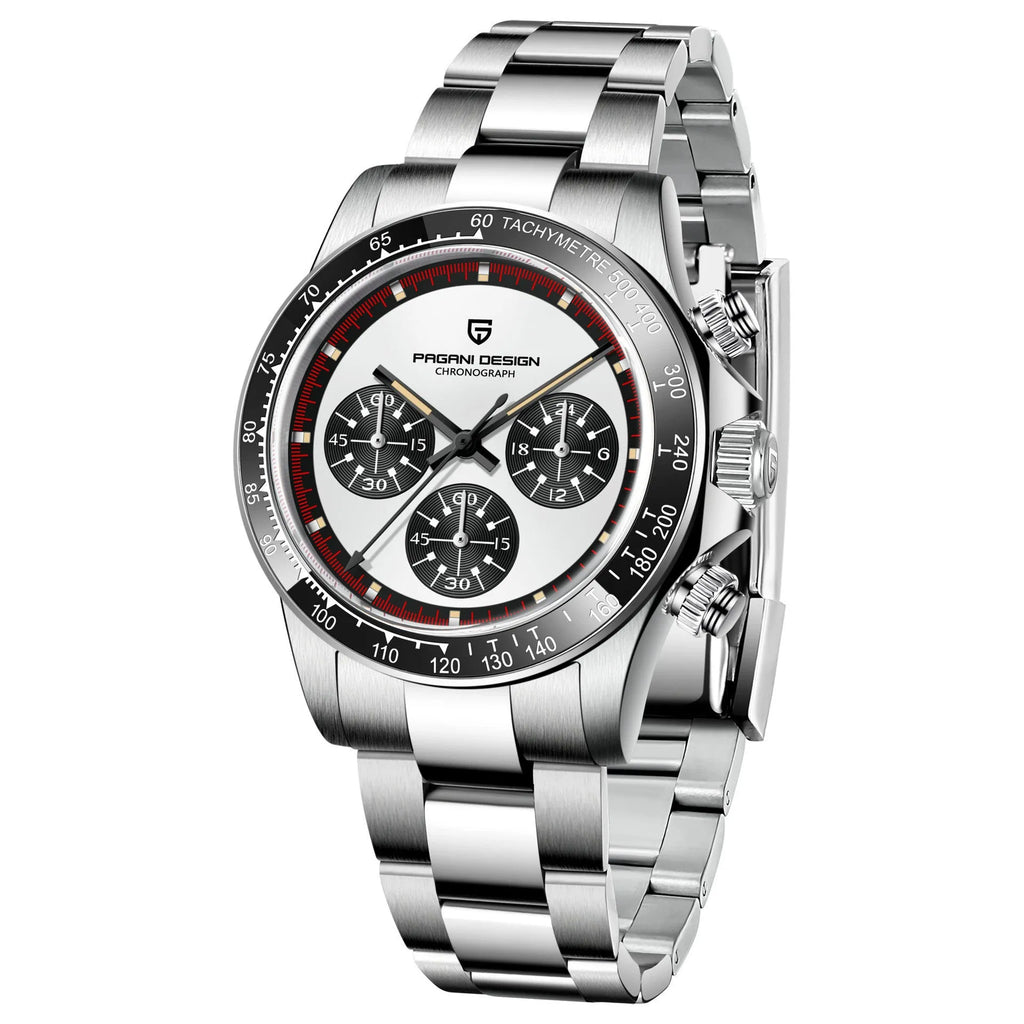 Berjani men's chronograph watch with black dial and stainless steel bracelet showing chronograph subdials