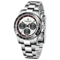 Berjani men's chronograph watch with black dial and stainless steel bracelet showing chronograph subdials