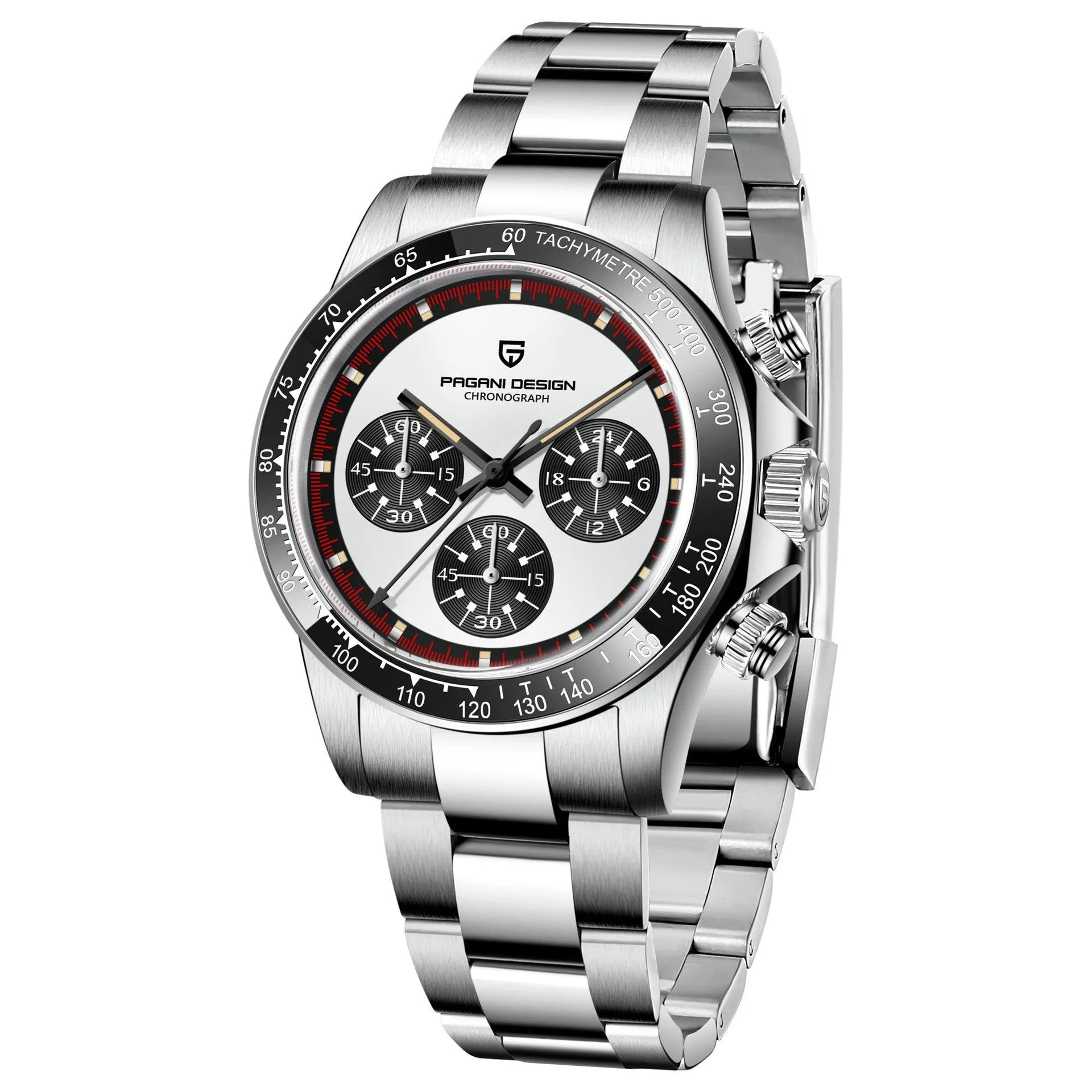 Berjani men's chronograph watch with black dial and stainless steel bracelet showing chronograph subdials