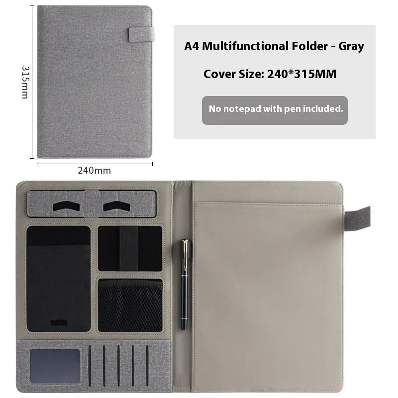 Black leather A4 document folder with internal compartments and optional pen.