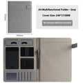 Black leather A4 document folder with internal compartments and optional pen.