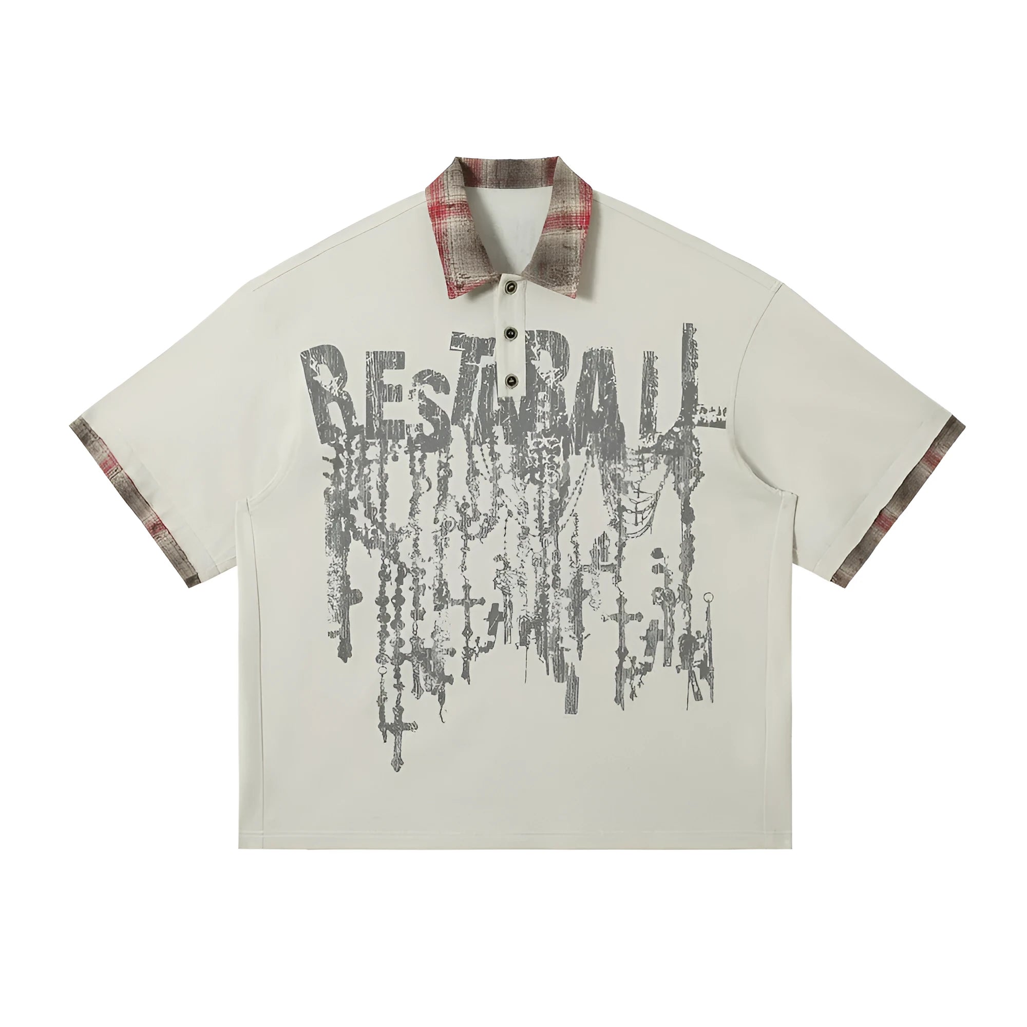 Men's loose blue cotton top with asymmetric lapel and graffiti print, short sleeves.