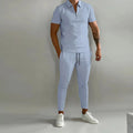 Men's summer slim casual sports suit in beige, cotton blend T-shirt and trousers set on model