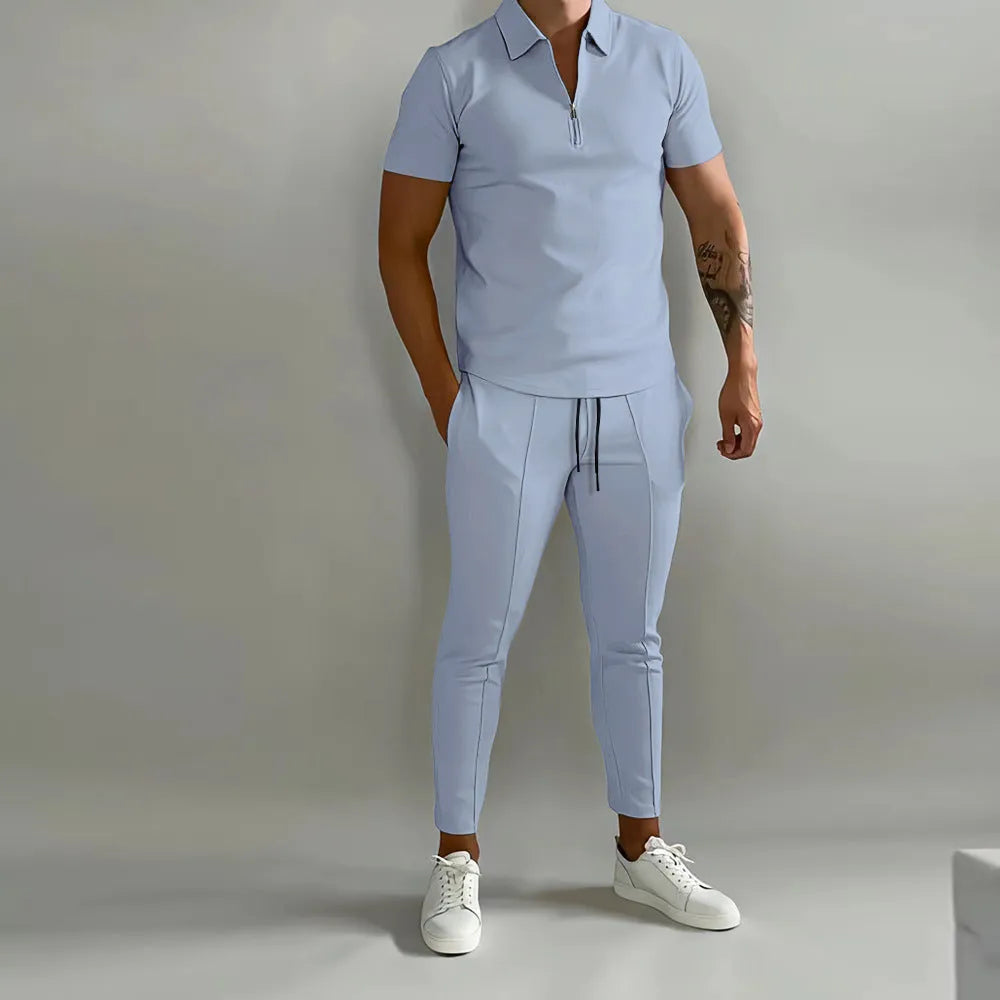 Men's summer slim casual sports suit in beige, cotton blend T-shirt and trousers set on model