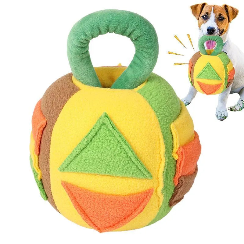 Pink and green dog plush ball toy with multiple treat pockets and squeaker mechanism for small medium dogs