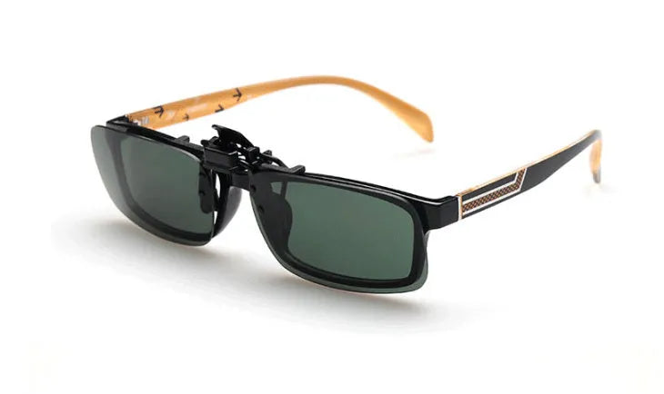 PC plastic clip-on sunglasses designed to fit over prescription glasses for driving and outdoor use.