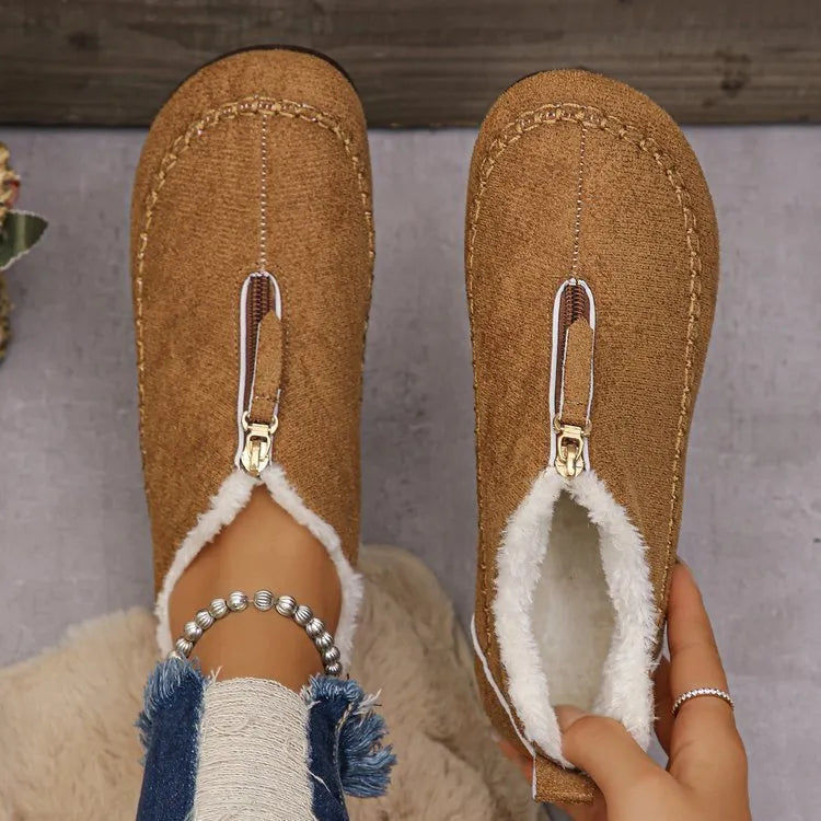 Women's casual solid colour suede retro snow boots, low-top, cotton lining, rubber sole, available camel and black