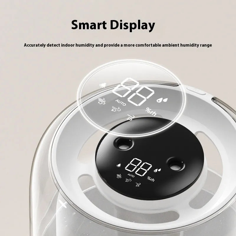 Beige round humidifier with display, dual spray nozzles, and USB port