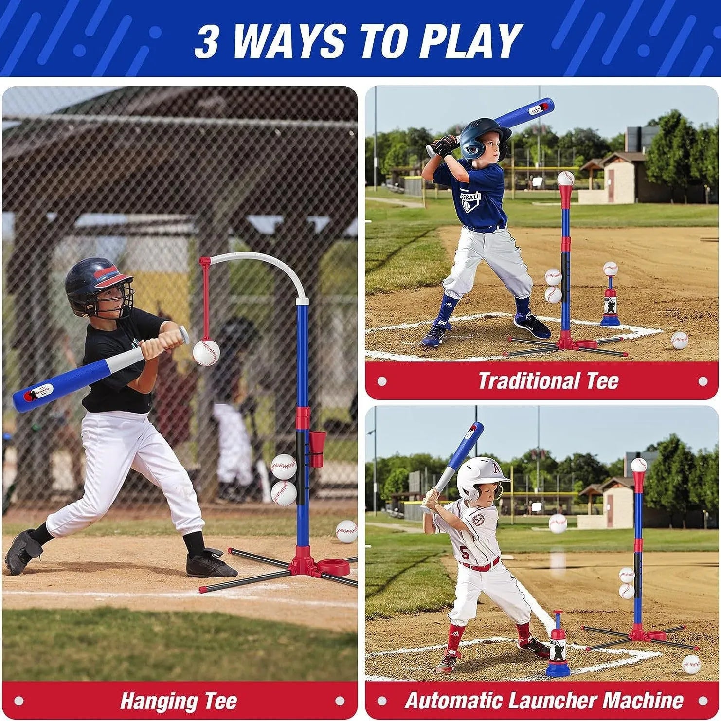 Hanging standing automatic serve adjustable children's baseball toy for teenagers blue red PP material