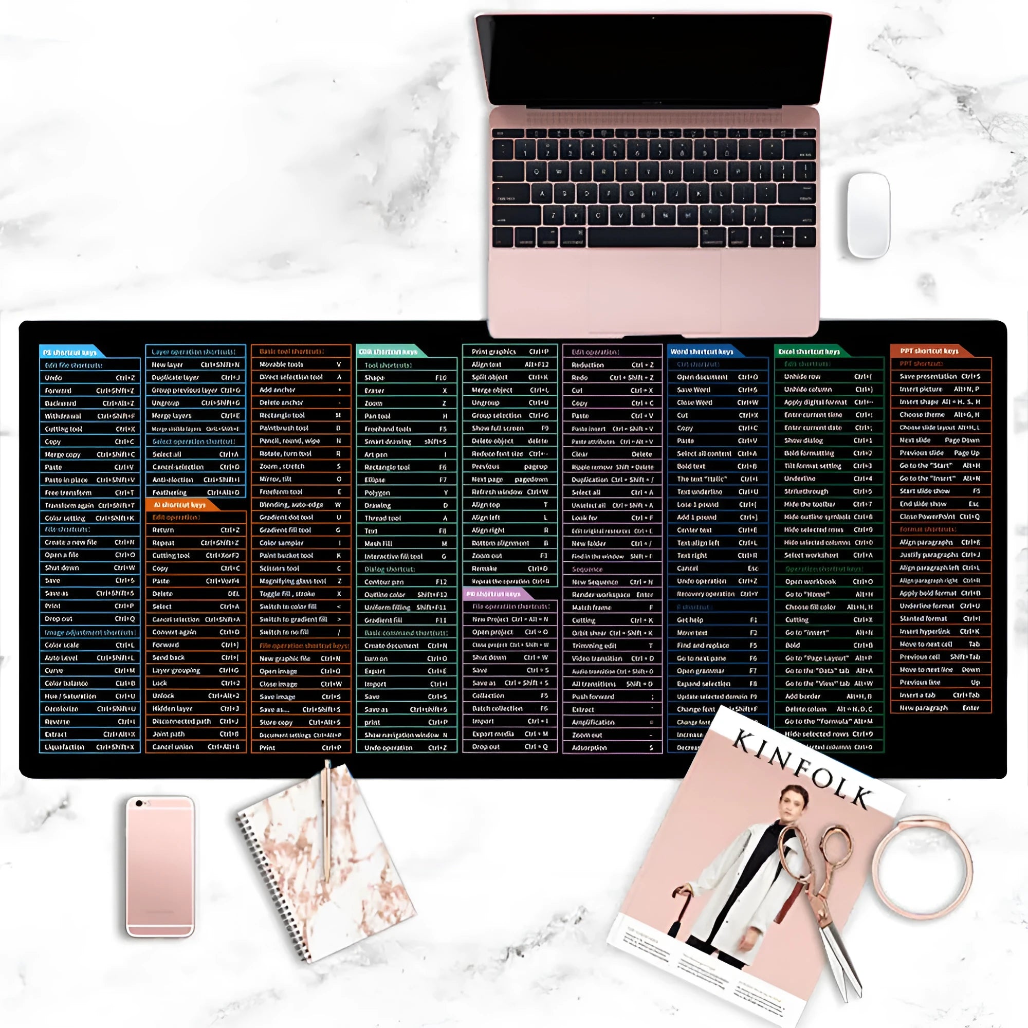 Super large office mouse mat with printed English keyboard shortcut keys and calculator on natural rubber base
