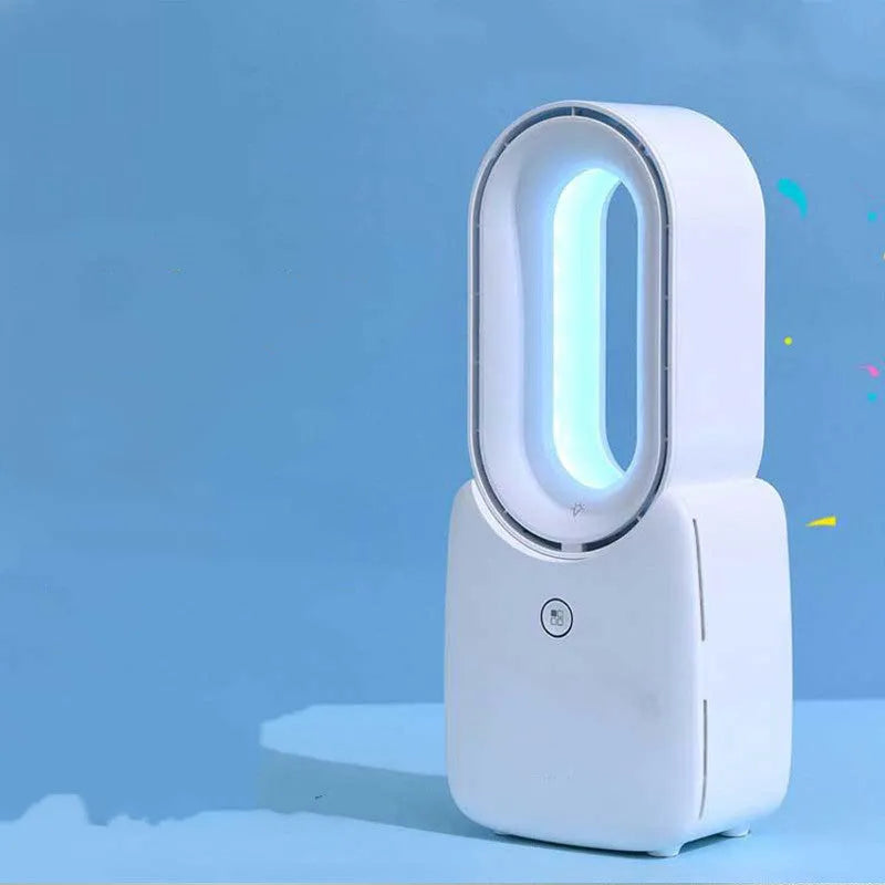 White USB charging portable mini bladeless fan with touch screen control on a desk