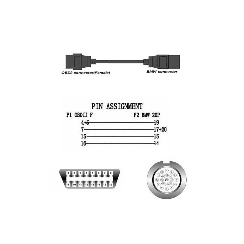 BMW 20-pin to standard 16-pin OBD2 diagnostic adapter cable on a white background