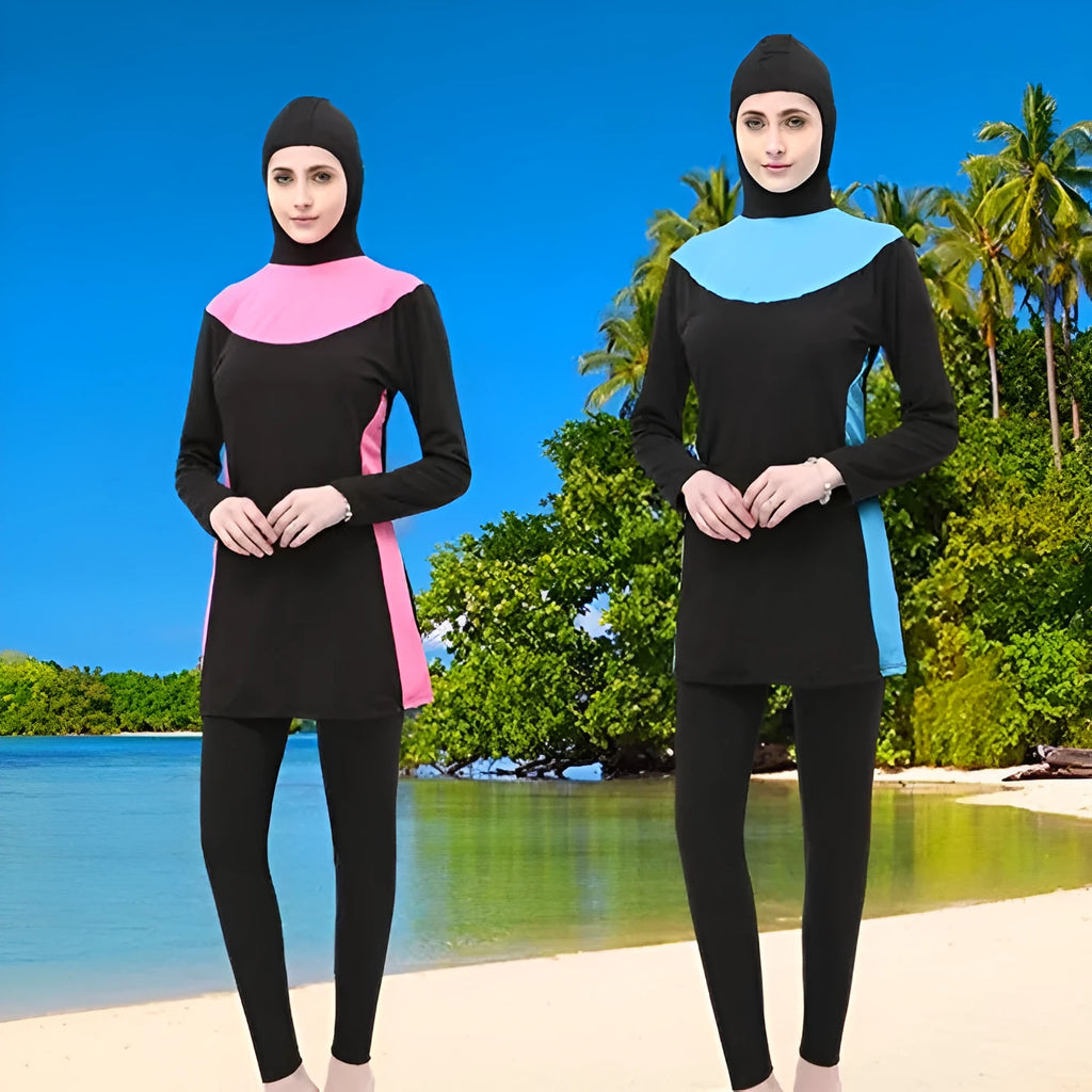 Conservative women's hooded swimsuit with long sleeves in black and rose red.