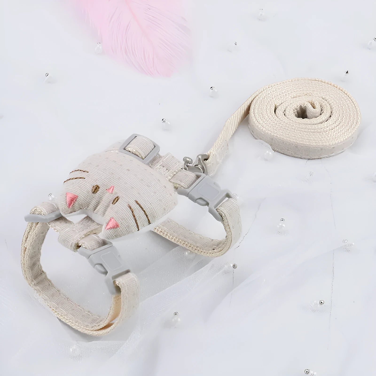 T-shaped cloth cat pulling rope with drawstring handle in pink, beige, grey or cyan options