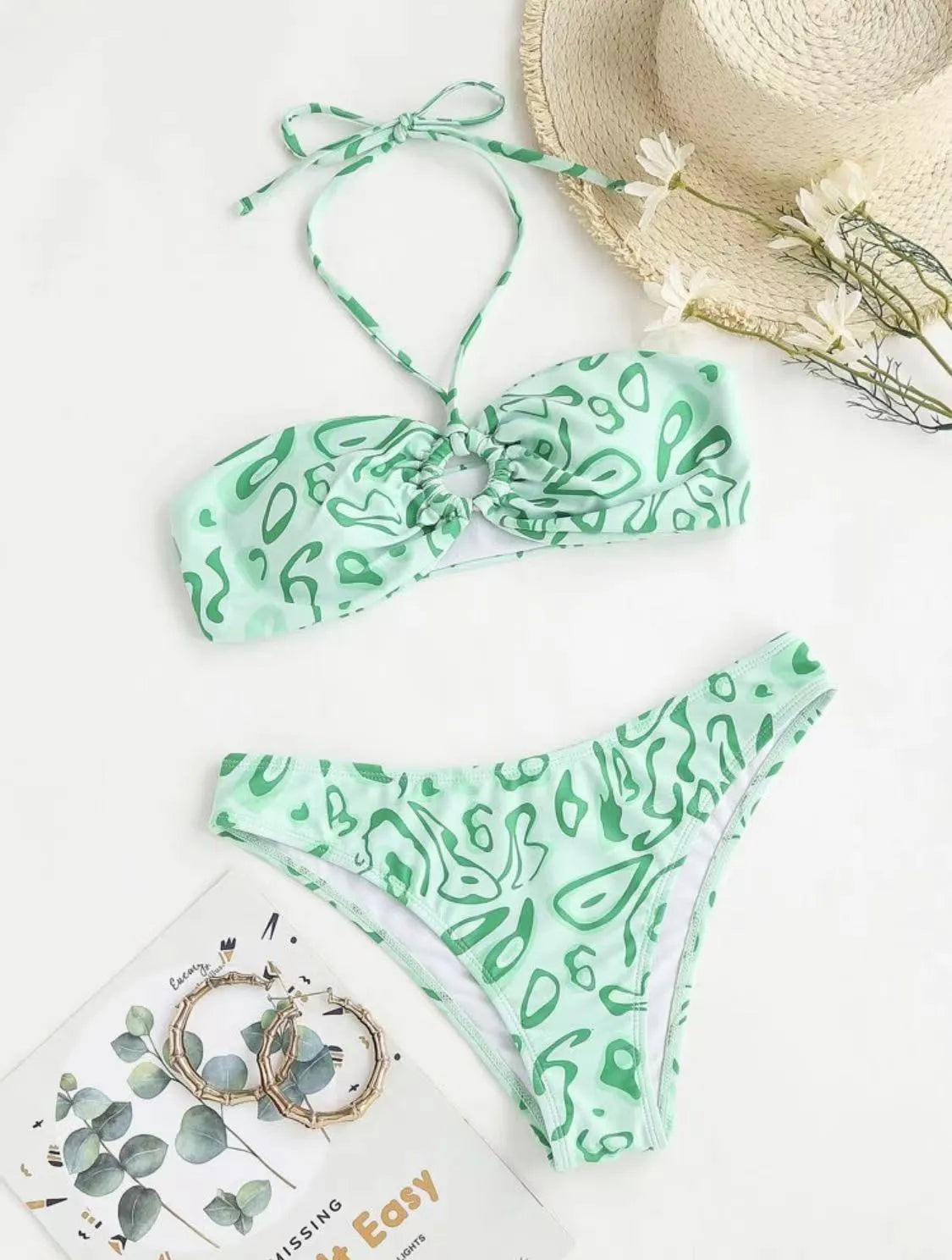 Green floral bandeau bikini split swimsuit with high elasticity polyester fabric