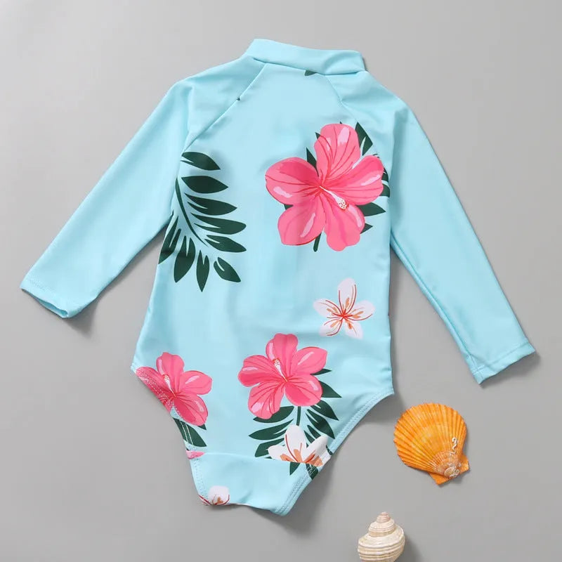 Children's blue polyester one-piece sunscreen swimsuit with print pattern for beach wear