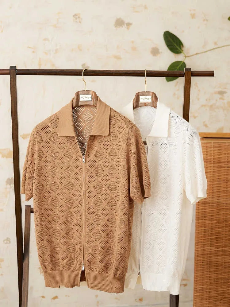 Men's light brown cotton zip-up cardigan with short sleeves and a lapel collar.
