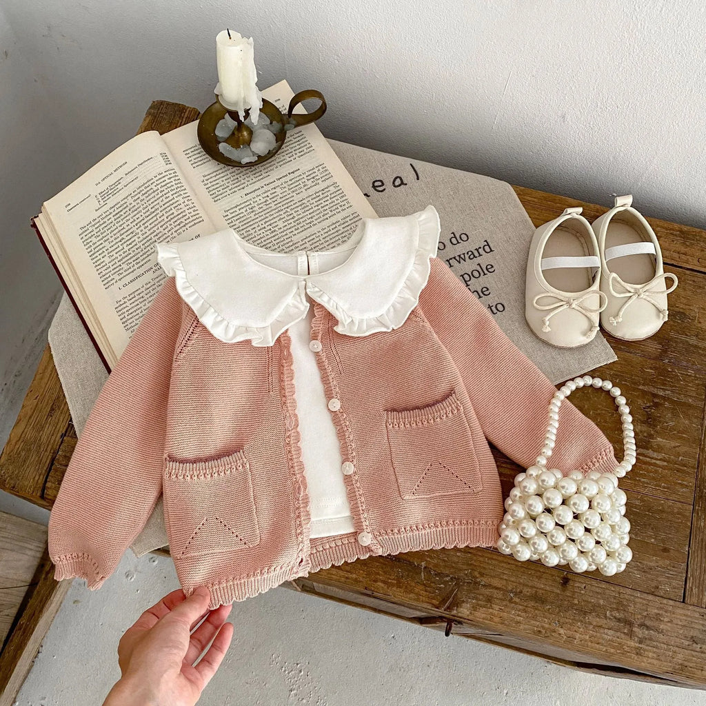 Baby girl sweet cardigan knitted coat in lotus root pink solid colour cotton yarn long sleeves