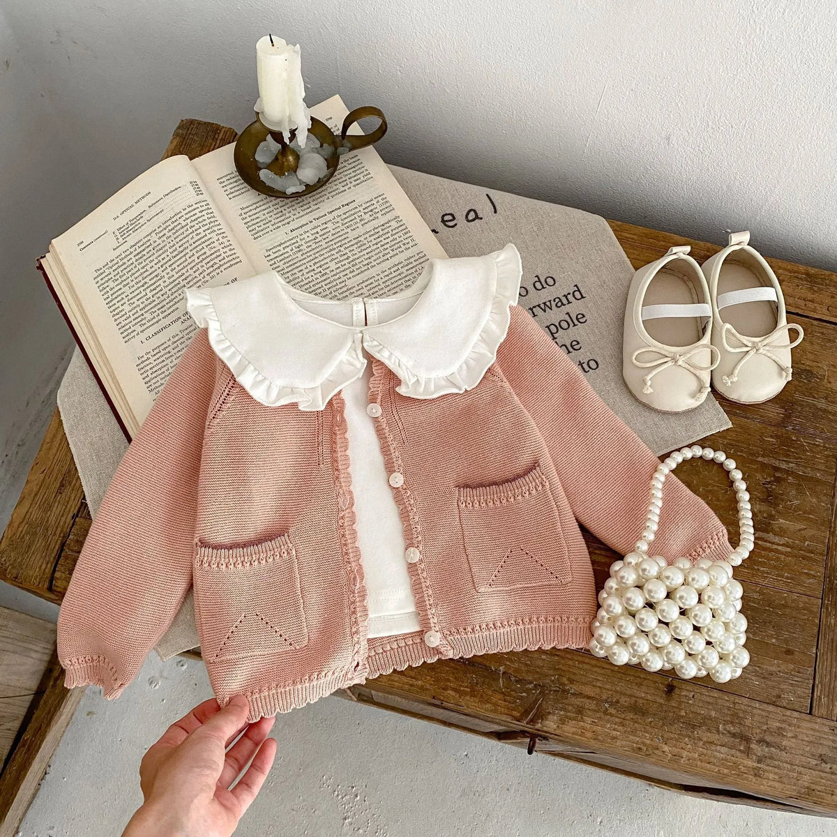 Baby girl sweet cardigan knitted coat in lotus root pink solid colour cotton yarn long sleeves