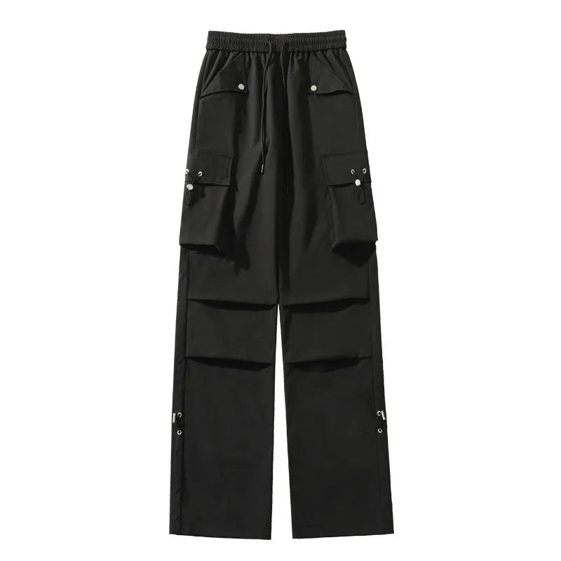 Plus size waterproof trousers in black grey white with drawstring waist and straight leg design