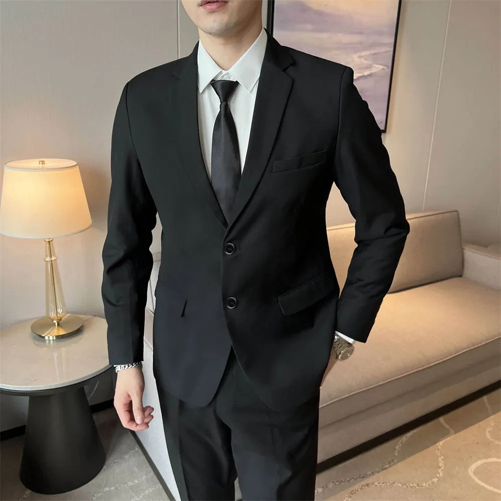 Men's slim fit corduroy suit set including jacket, trousers, shirt, and tie in a spring business casual style