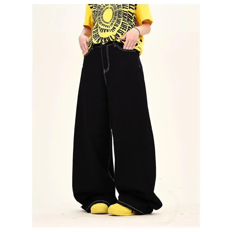 Black personalised letter jeans mid waist cotton denim hip hop trousers zip placket