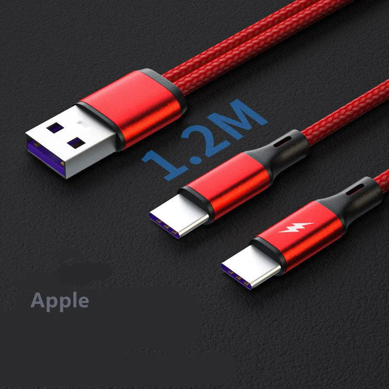Black and red braided two-in-one fast charging cable with Micro USB and Type-C connectors on a white background.