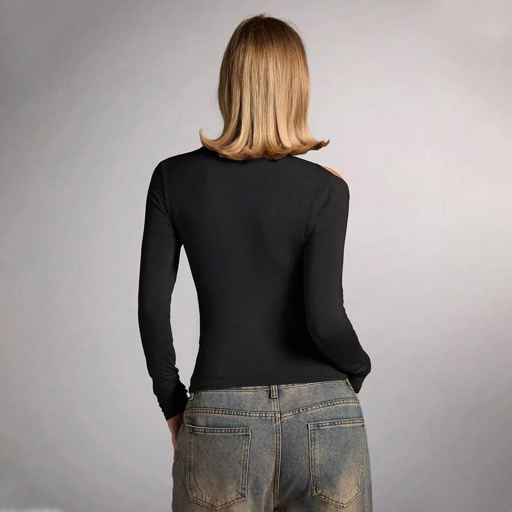Black women's halter top with strapless neckline and long sleeves