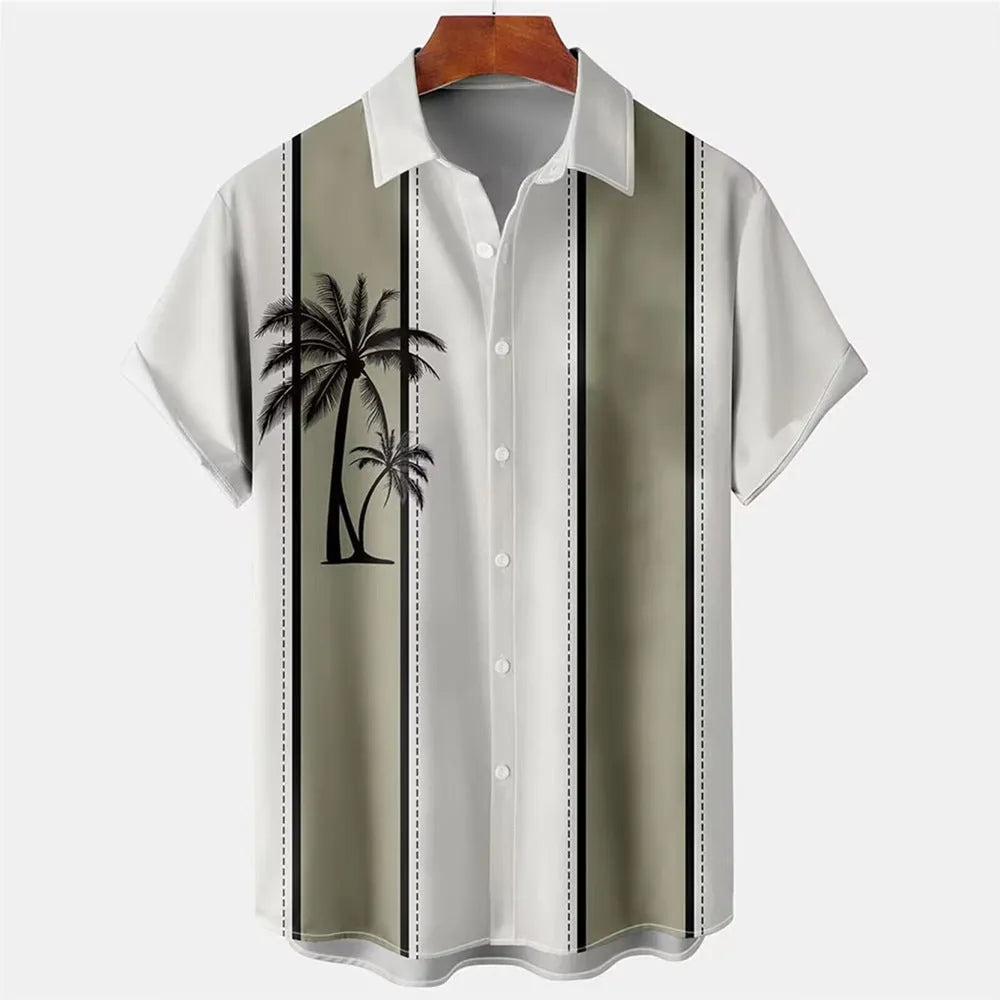 Hawaiian men's short-sleeved shirt with 3D printed colour pattern on polyester fabric