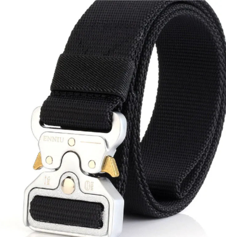 Army Fan tactical belt in nylon with aluminium buckle, 125cm length, colour Black, laid flat on surface