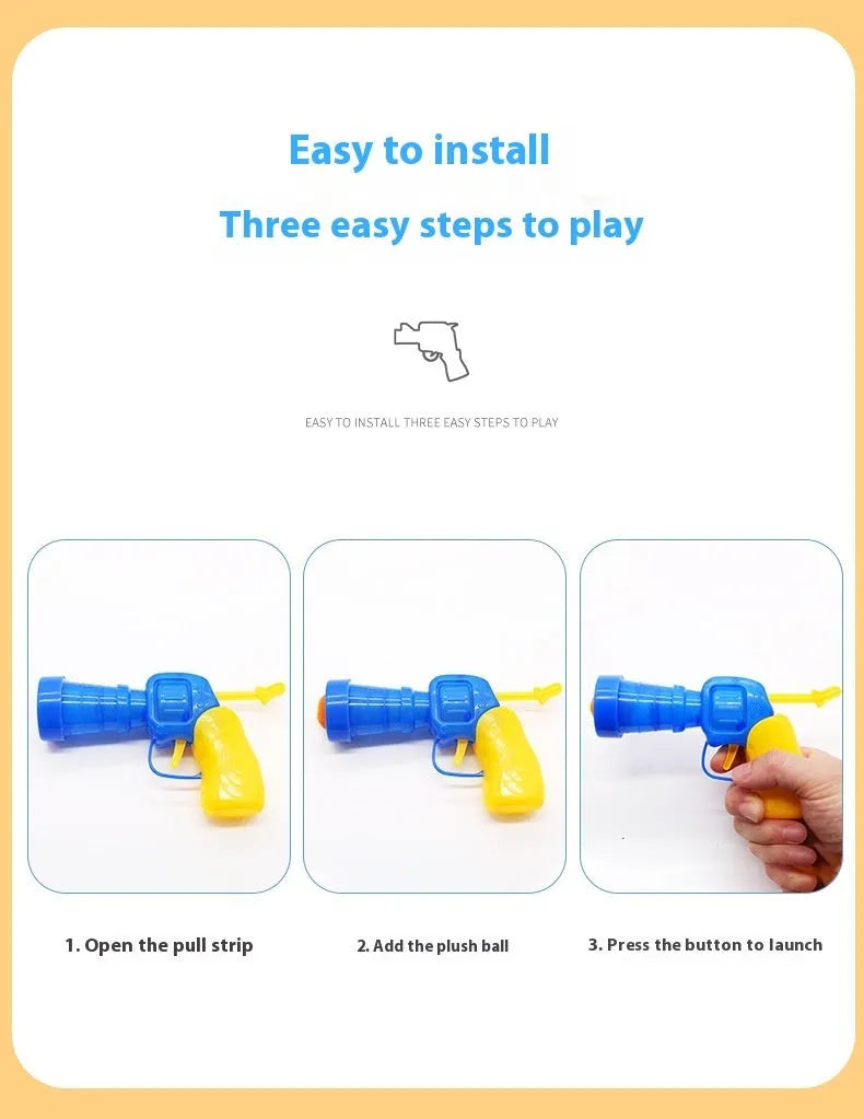Plush pet toy gun with colourful yarn balls for interactive cat and dog play sessions