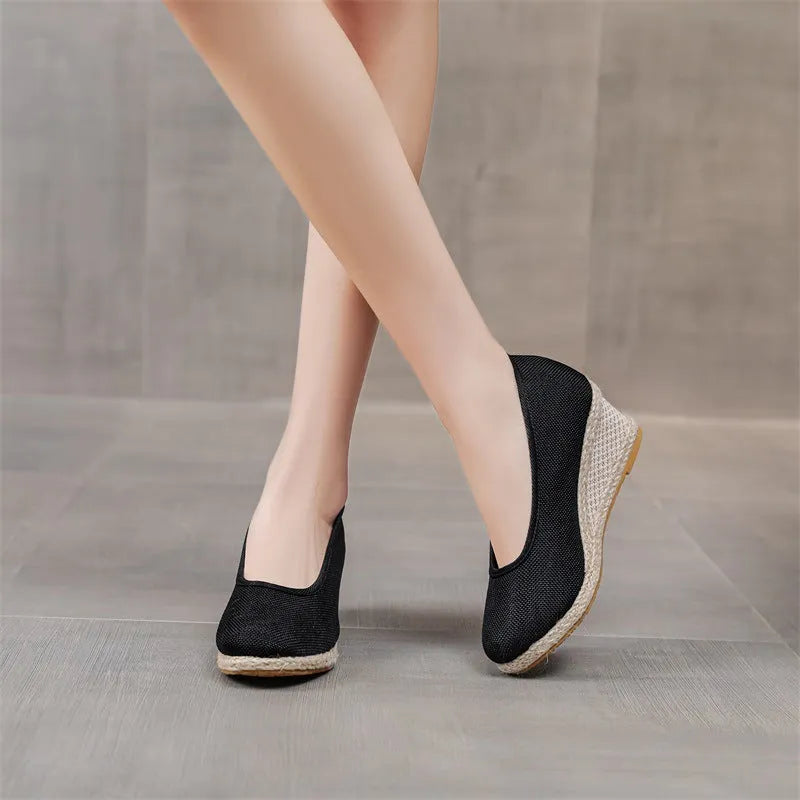 Women's high heel pointed straw wedge pumps in beige with cotton cloth upper and square toe