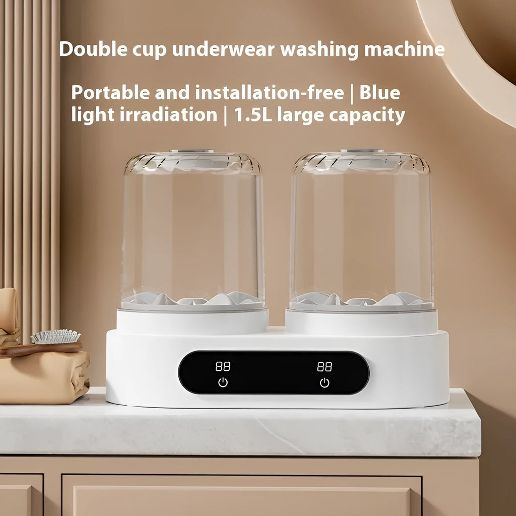 White double bucket mini washing machine with USB cable, showing two separate wash tubs.