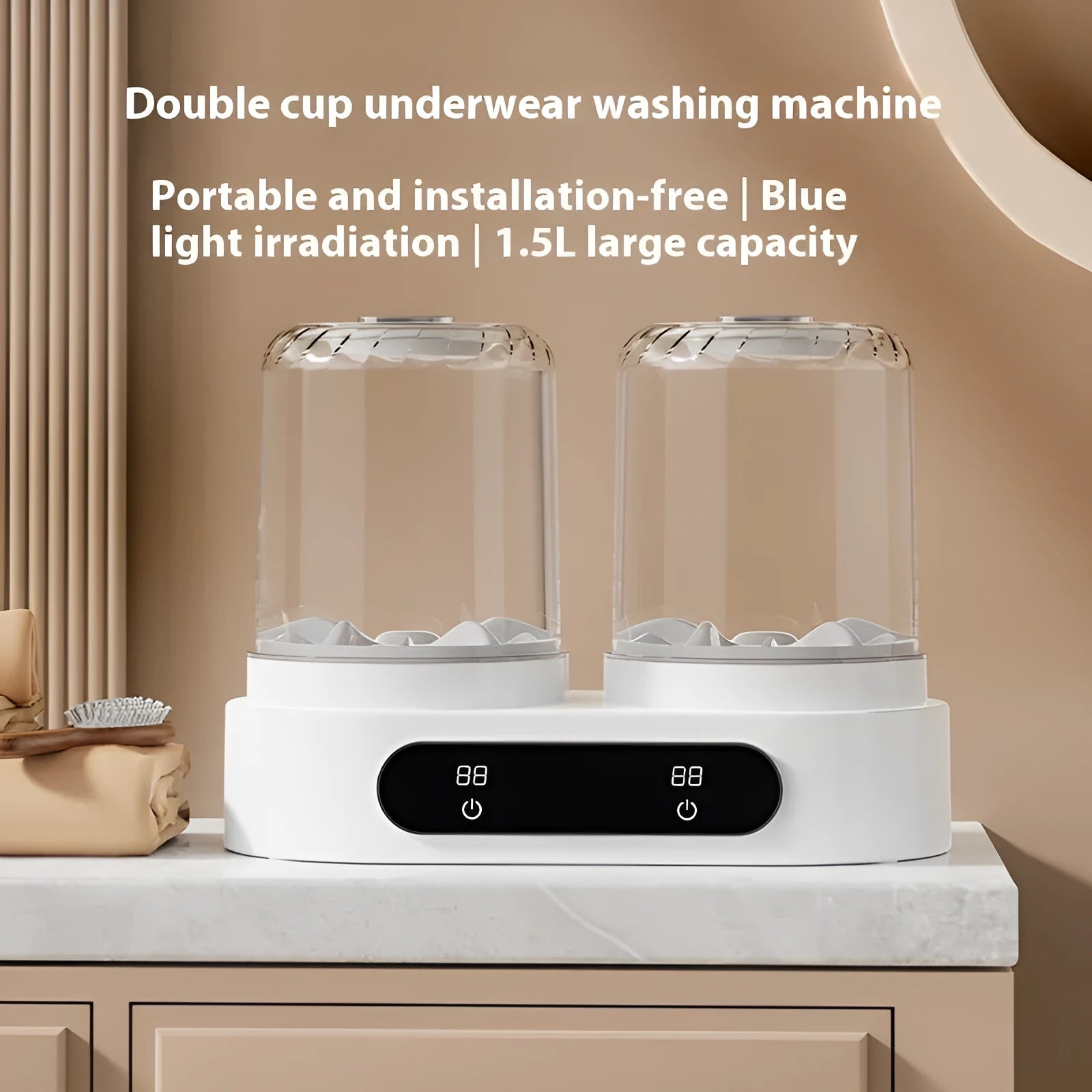White double bucket mini washing machine with USB cable, showing two separate wash tubs.