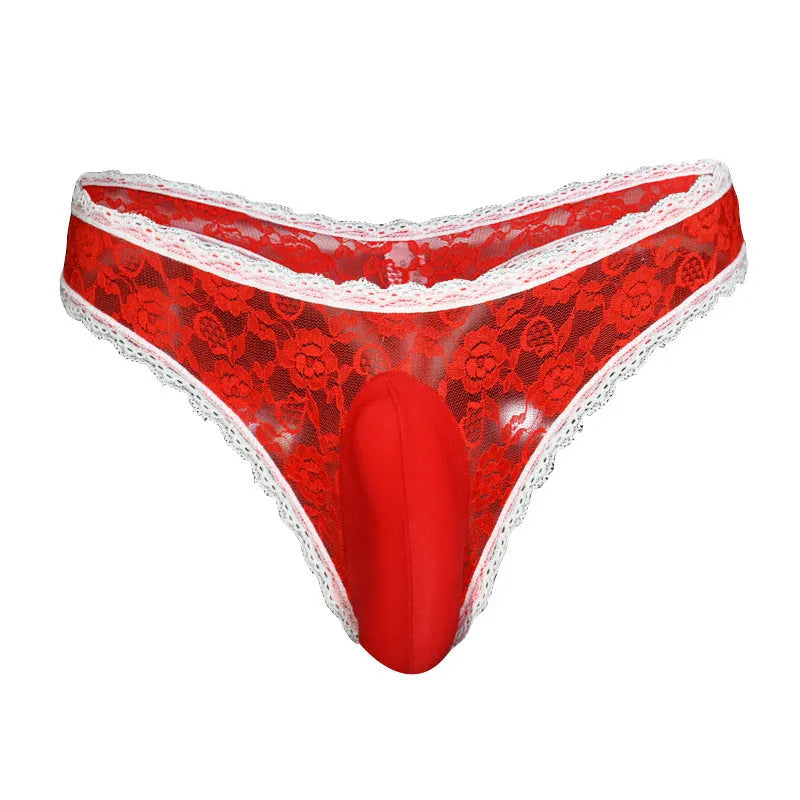Men's low waist lace underwear briefs showing the vertical front pocket design in black.