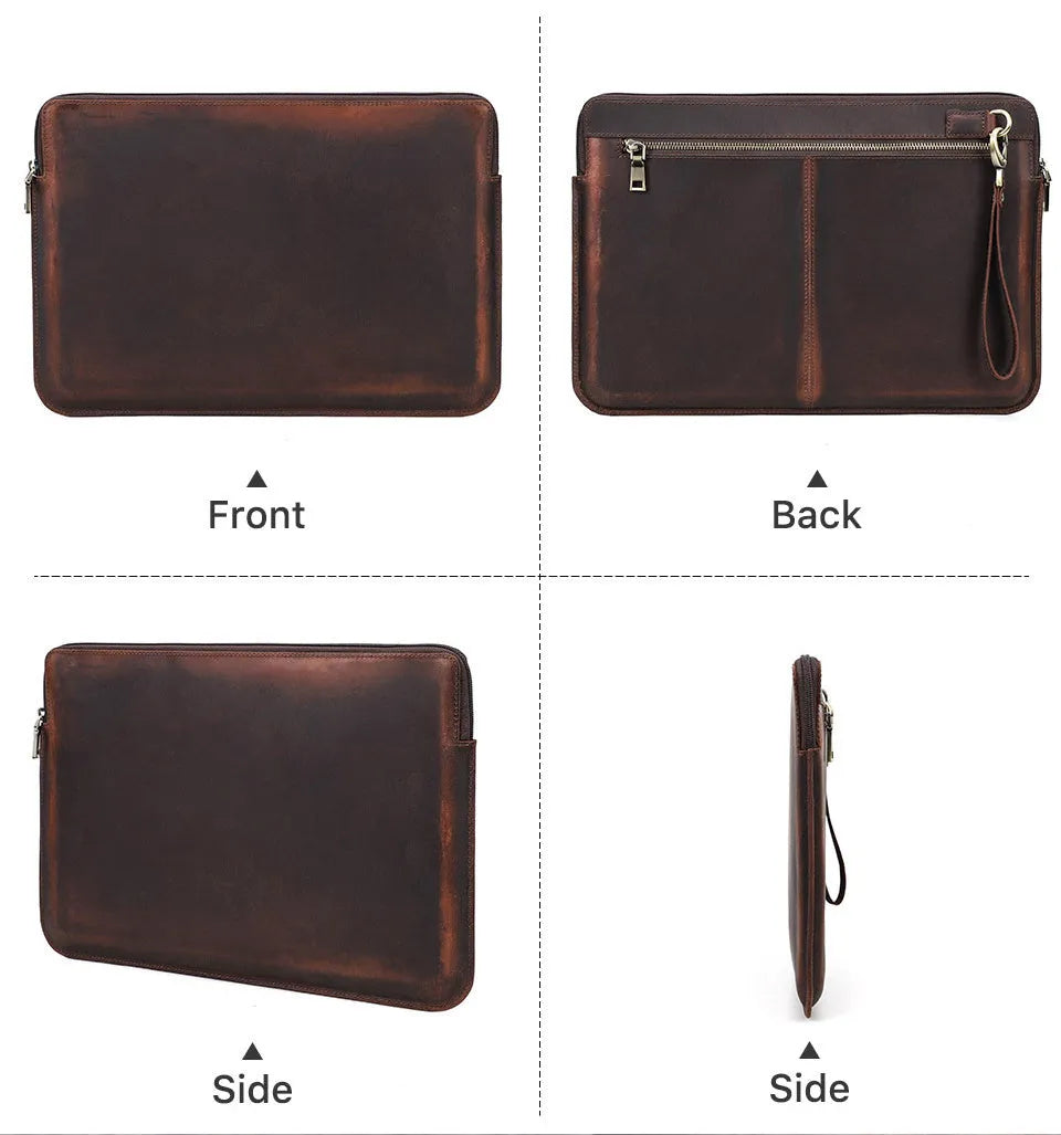 Retro brown crazy horse leather zipper computer bag for MacBook Pro 15.4 and 16 inch