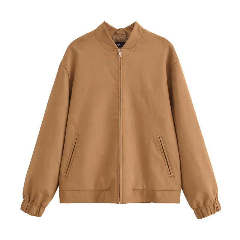 Women's casual loose fit long sleeve PU zipper jacket in picture colour, unisex style