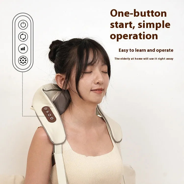 Blue foldable electric neck and shoulder massager with heating function on a table