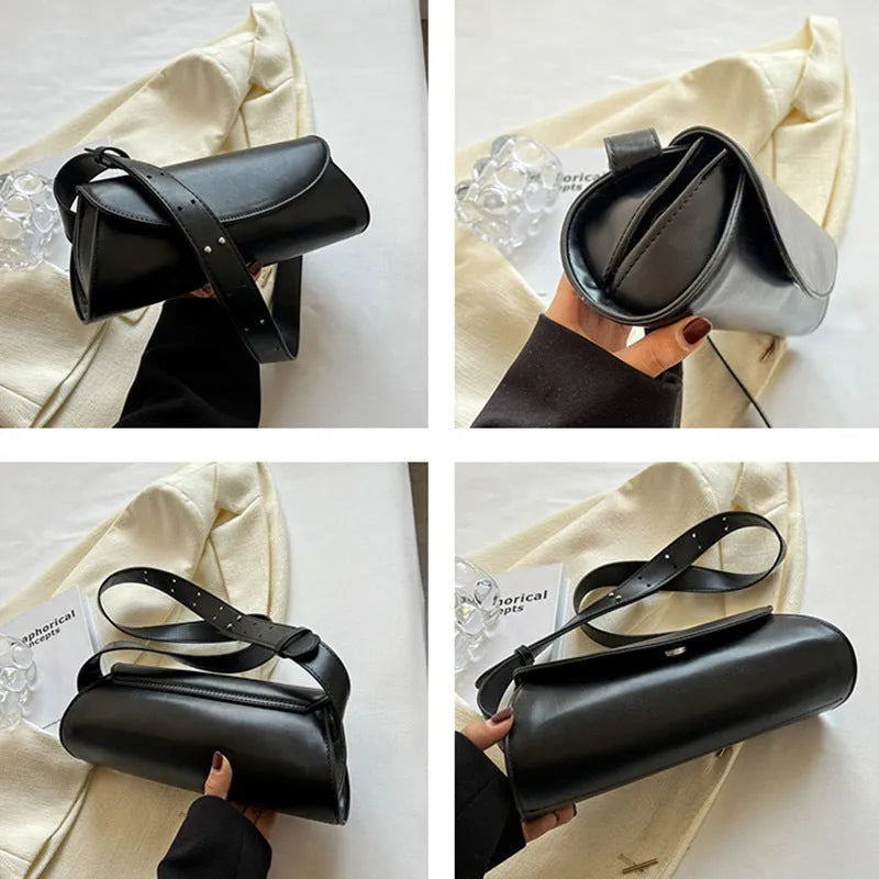 PU leather cylinder crossbody bag in black, horizontal square shape with crossbody strap