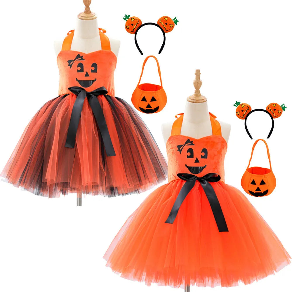 Children's creative festival Halloween cute pumpkin girl dress with mesh sling top and orange yarn skirt
