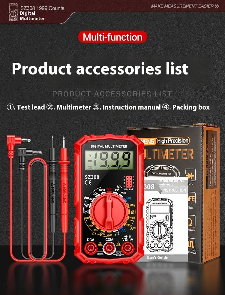 Mini digital multimeter with black casing and test leads on white background