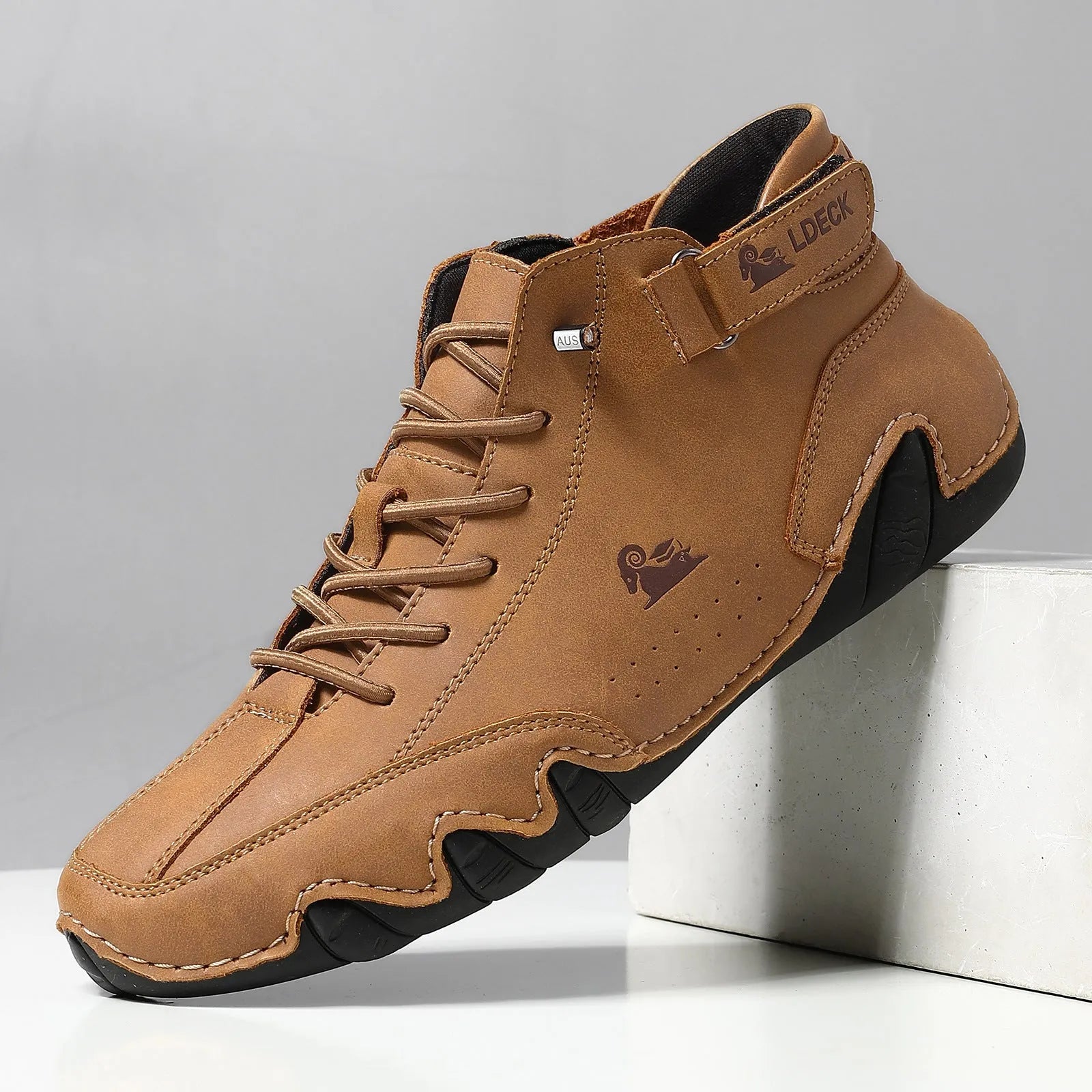 Men's khaki high-top ankle boots with round toe and flat heel on a white background.